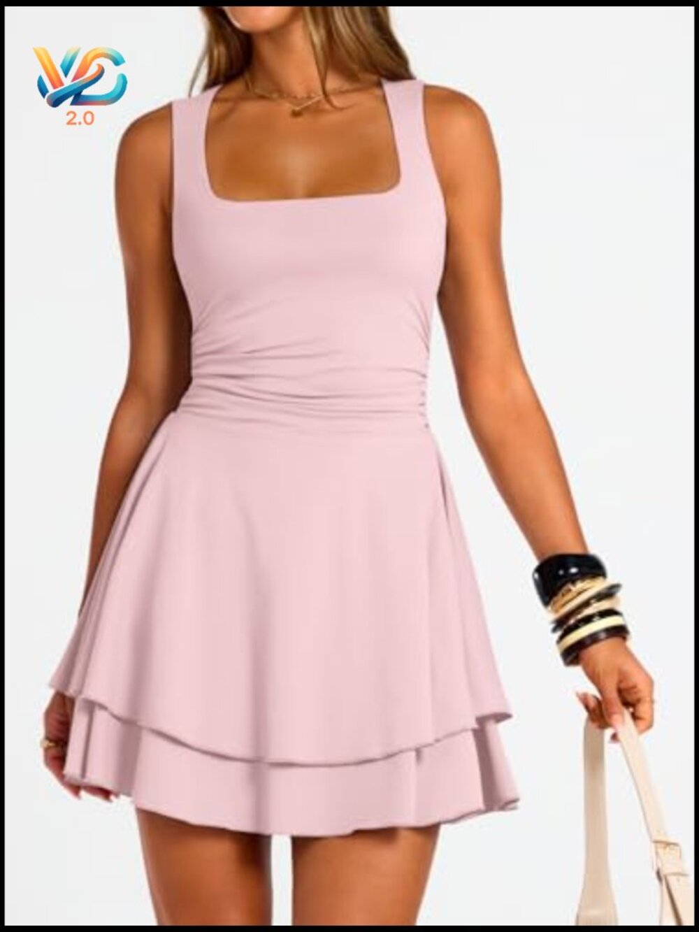 Square Neck Ruffle Hem Ruched Waist Mini Dress Club Night Out - Picture 2 of 7